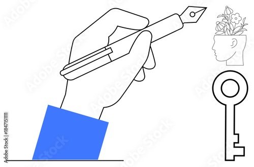 Hand holding pen implying creativity and expression, key symbolizing solutions, head with flowers representing idea growth. Ideal for inspiration, education, problem-solving, innovation, mindfulness