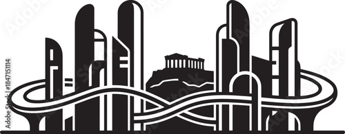Futuristic athens cityscape silhouette with ancient greek architecture and modern elevated roads