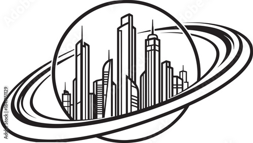 Futuristic cityscape inside planet rings, modern architecture, high rise buildings, science fiction vector