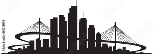 Modern city skyline silhouette with suspension bridges and abstract curved lines overlay