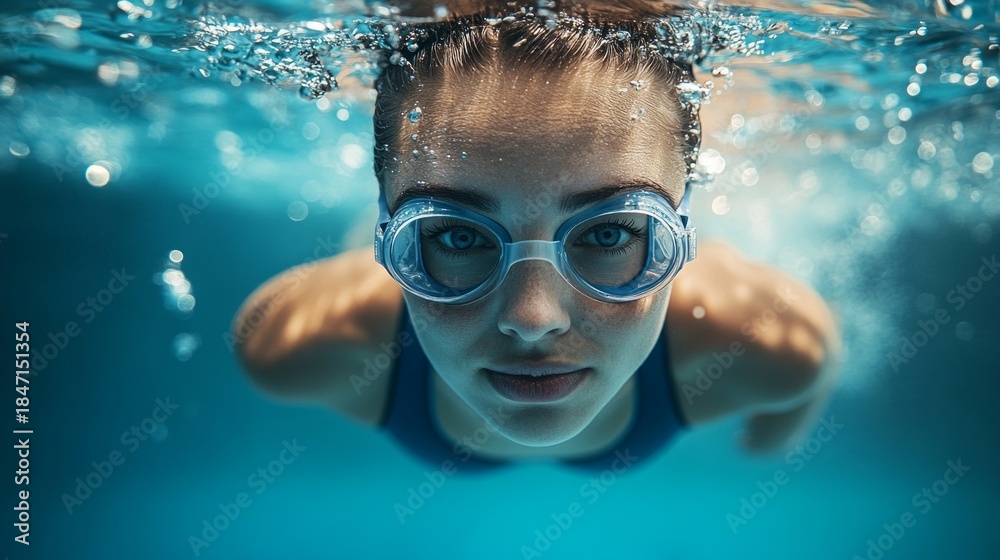 Naklejka premium An athlete wearing swimming goggles confidently cuts through the water, demonstrating strength and determination — a suitable dynamic background