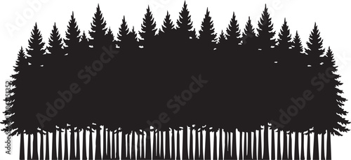 Dense Pine Tree Wall Horizon Line Silhouettes isolated on white background
