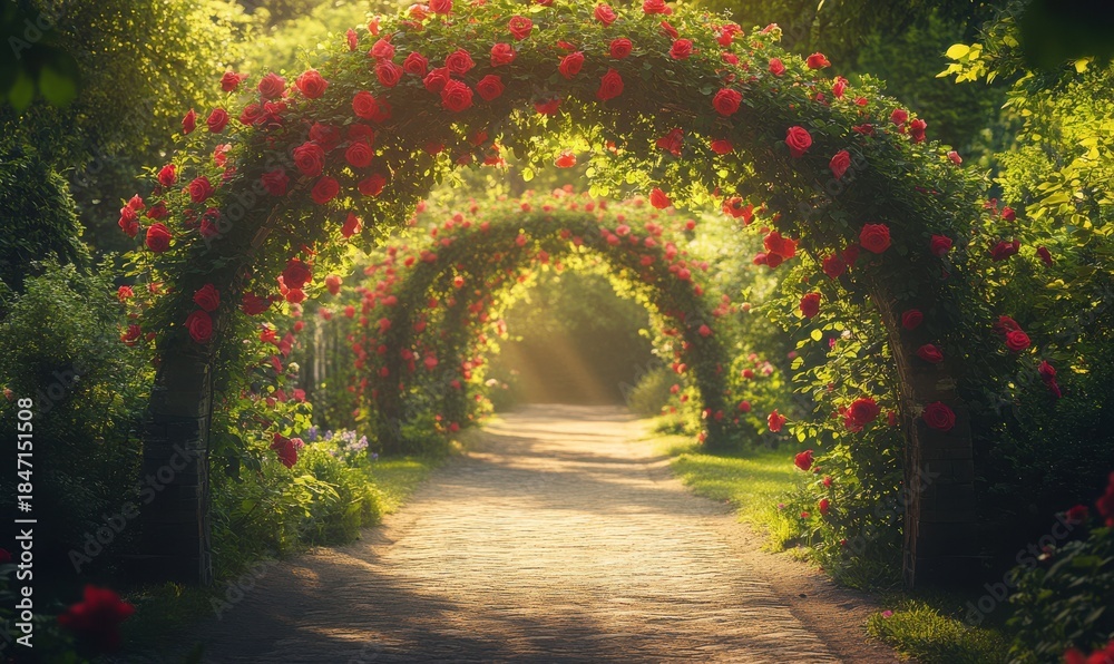 Fototapeta premium Picturesque garden archway covered in vibrant climbing roses, soft golden light filtering through the leaves, peaceful and romantic outdoor setting, wide panoramic shot,