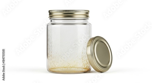 Empty glass jar with metal lid on white background.
