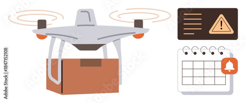 Delivery quadcopter carrying a package with alert sign and calendar notification. Ideal for technology, logistics, e-commerce, planning, automation, efficiency, innovation. Simple flat metaphor