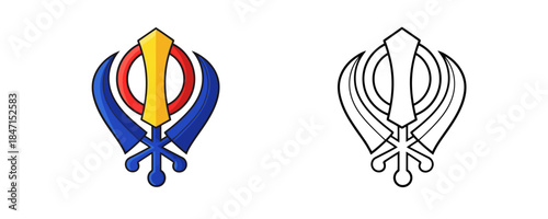 Vector illustration of the religious Sikh Khanda symbol in two styles a bright color drawing and a simple black outline design