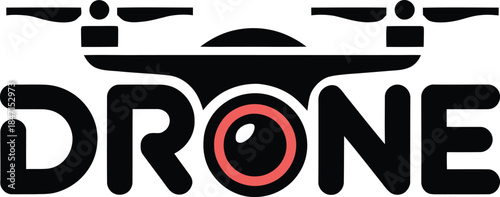 Black drone text graphic with red camera lens white