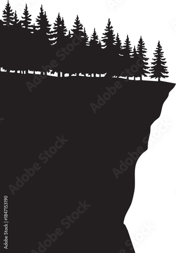 Pine Trees Cliff Edge Sharp Drop Off Horizon Silhouettes isolated on white background