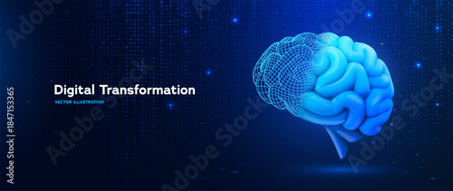 Modern Digital Transformation Technology And Artificial Intelligence Brain With Digital Grid Symbolizing Data, Innovation On A Futuristic Blue Background. Vector Illustration.
