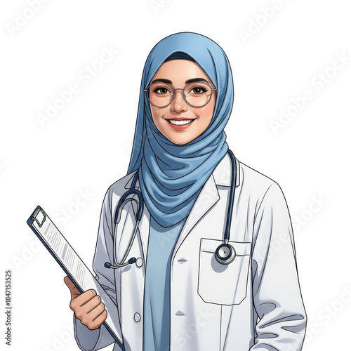 Smiling muslim doctor wearing hijab and stethoscope isolated on transparent background