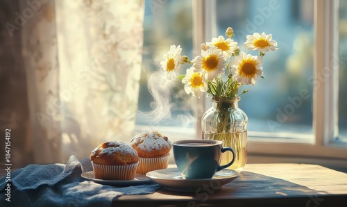 Rustic breakfast setup with freshly baked muffins, a steaming cup of coffee, and a vase of flowers, soft warm light creating a cozy and inviting scene