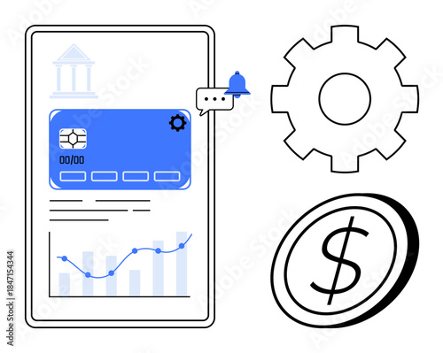 Financial technology, online banking, data analysis, monetary transactions, payment systems, digital finance. A tablet displaying charts, gear coin and bank icon. Financial technology and online