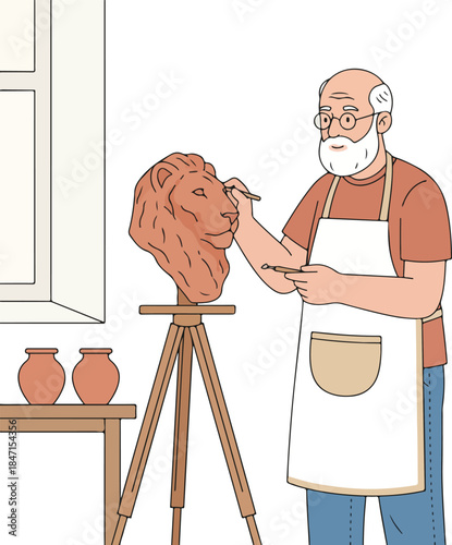 Elderly man sculpting a clay lion's head in his art studio, focusing intently on his creative and relaxing hobby.