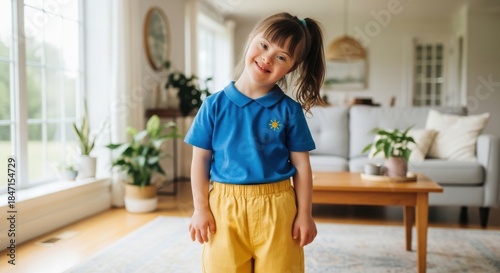 Smiling girl with Down syndrome in a bright, sunlit living room.