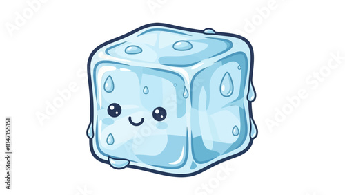 Cute Kawaii Ice Cube Character Melting With Water Droplets.
