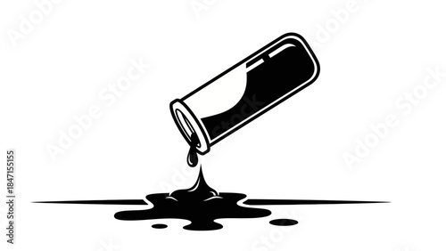 Test tube spilling black liquid on a white background.