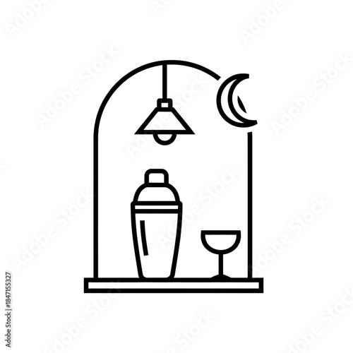 Bartender day shaker silhouette suspenders shaking minimal arched window cutout vector illustration