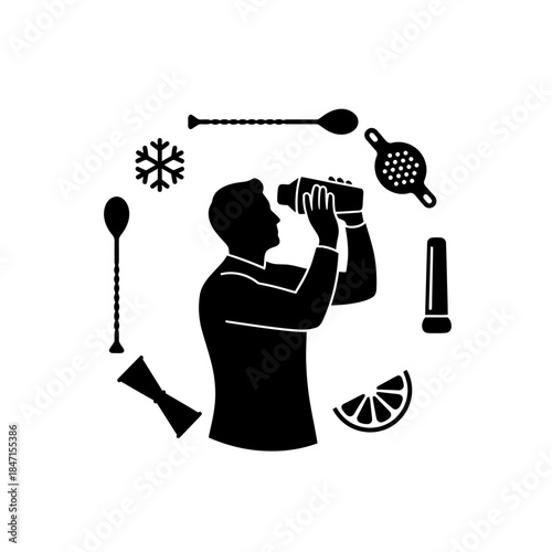 Bartender day shaker silhouette shaking grand piano edge corner shape vector illustration