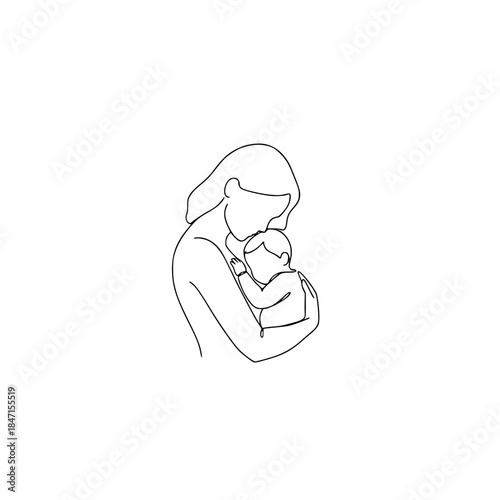 ​Minimalist Mother and Child Line Art. Black and White Single Line Vector Icon of Parent and Baby for Nursery Decor, Maternity Clinic Branding, Pediatric Logo, Midwifery Services, or Gentle Generative