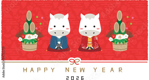2026年賀状 Happy new year 水引き　白馬の着物男女ペア　門松　背景赤