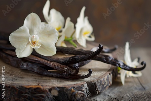 Vanilla Beans with White Orchid Flowers on Wooden Stump