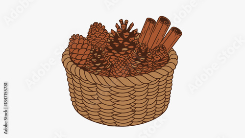 Woven basket filled with pine cones and cinnamon sticks.