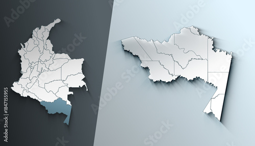 Minimalist 3D Map of Amazonas Colombia Department with District Borders
