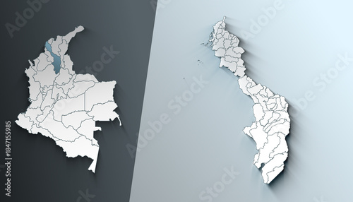 Minimalist 3D Map of Bolivar Colombia Department with District Borders