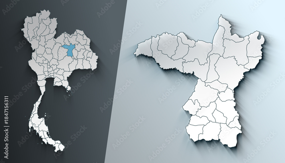 Obraz premium Minimalist 3D Map of Khon Kaen Thailand Region with Borders