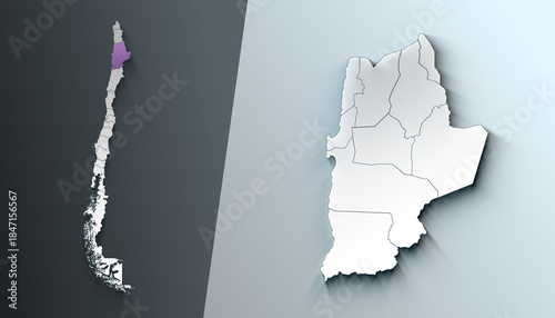 Minimalist 3D Map of Antofagasta Chile Region with Borders