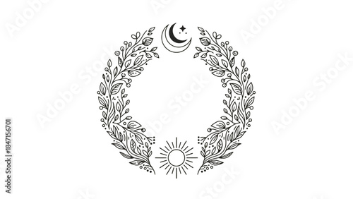 Elegant Celestial Wreath Design with Crescent Moon, Sun, Stars, and Botanical Elements, isolated white background.