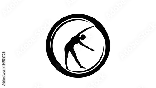 Graceful Woman Silhouette Performing a Side Bend Yoga or Stretching Pose within a Circle, isolated white background.