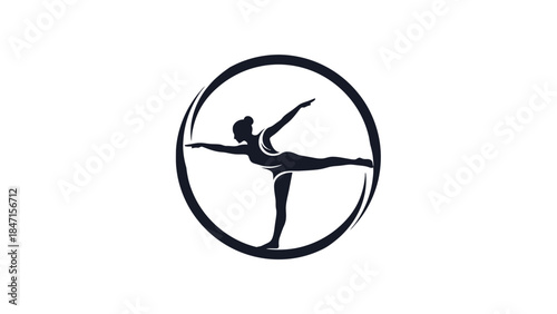Serene Woman Silhouette in Yoga Warrior III Pose within a Circle, isolated white background.
