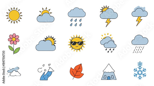 Detailed Weather Forecast and Seasonal Elements Icons Set with Sun, Rain, Thunderstorm, Leaf, isolated white background.