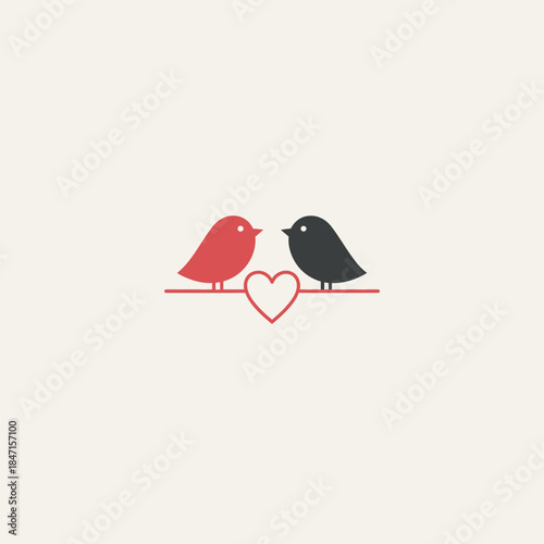 Two birds perched on a single wire dips into a heart curve minimal vector illustration