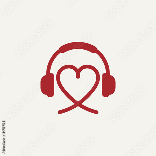 Pair of headphones sharing one heart shaped connection loop minimal vector illustration