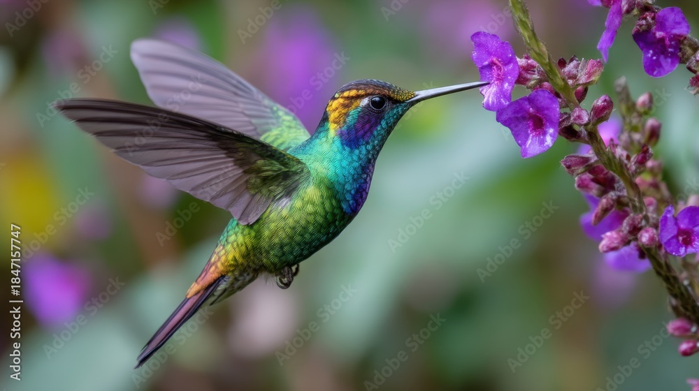 Obraz premium A hummingbird is perched on a purple flower. The bird is green and blue in color. The flower is purple and has a purple stem