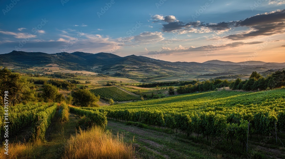 Naklejka premium A beautiful landscape with a large field of grapes and a mountain in the background. The sky is cloudy and the sun is setting, creating a warm and peaceful atmosphere