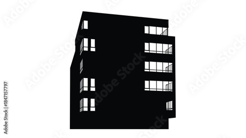 A stark silhouetted depiction of a modern building with multiple rectangular windows is showcased