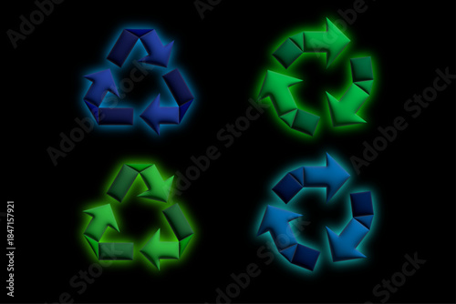Neon Recycling Symbols Set on Black Background