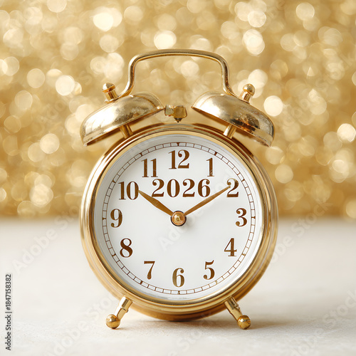 Golden Alarm Clock New Year 2026, isolated on white background and isolated on transparent background