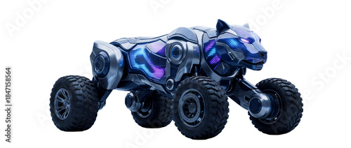 近未来テクノロジーを表現したロボットパンサーの四輪マシンイメージイラスト｜ロボット,パンサー,AI,メカ,未来技術,サイバーパンク