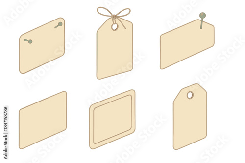 Vintage Specimen Tags. Isometric vector illustration set Curated specimen labels: aged paper tags, pinned corners, handwritten
