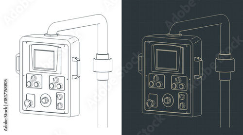 CNC machine control panel isometric drawings illustrations