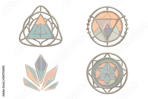 Techno-Alchemy Symbols. Isometric vector illustration set Techno-alchemy symbols: neon stained glass, chrome lattice borders,