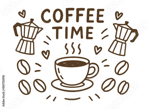 Coffee time design featuring cup, beans, and moka pots in brown sketch style