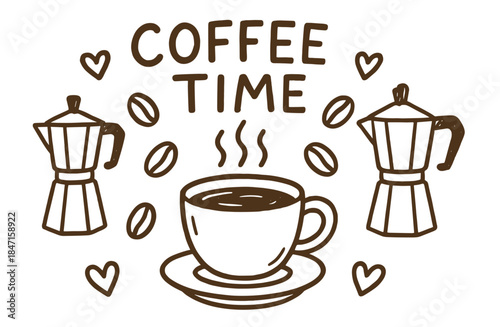 Coffee time: hand-drawn moka pots, coffee cup, beans, and hearts