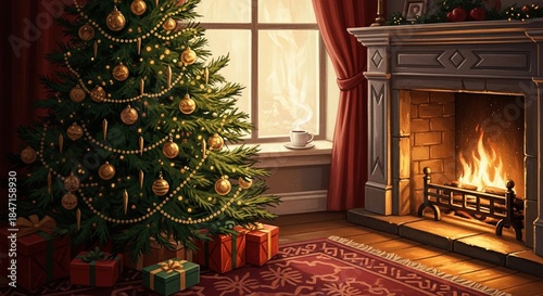 Traditional holiday scene with a classic Christmas tree and a rustic stone fireplace. Warm and inviting festive background.