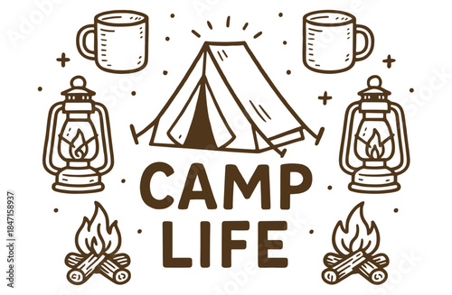 Camping with tent, lanterns, campfires, and mugs in hand-drawn style