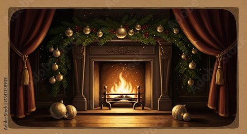 Cozy fireplace adorned with holiday decorations in warm colors  